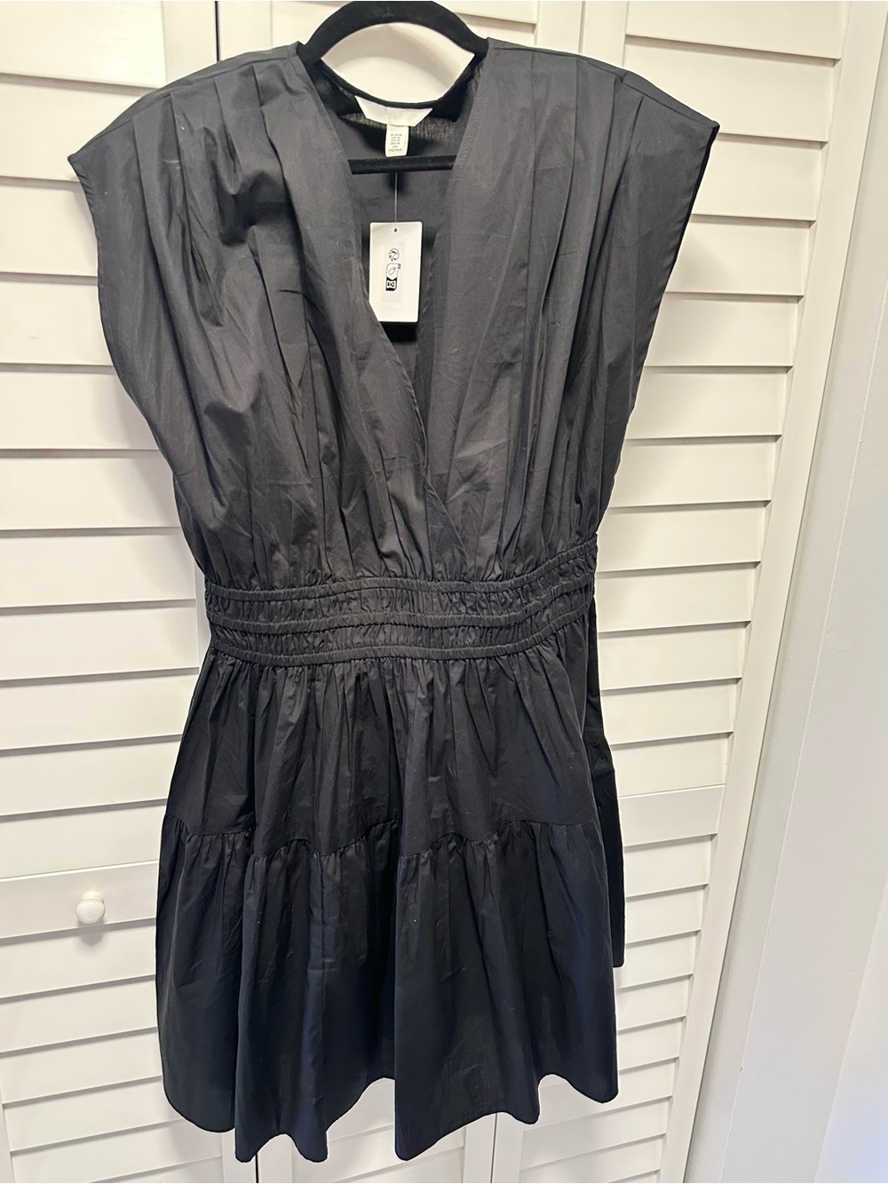 H&M Black V-Neck Smocked Waist Tiered Mini Dress